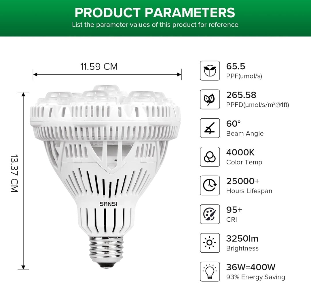 Sansi 36W LED Grow Light Bulbs Full Spectrum E27